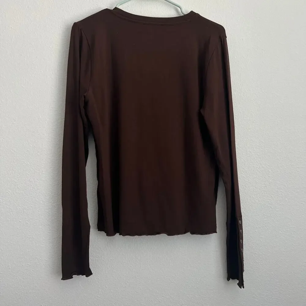 J Crew Refined Rib Long Sleeve Shirt With Button Cuffs Large Brown